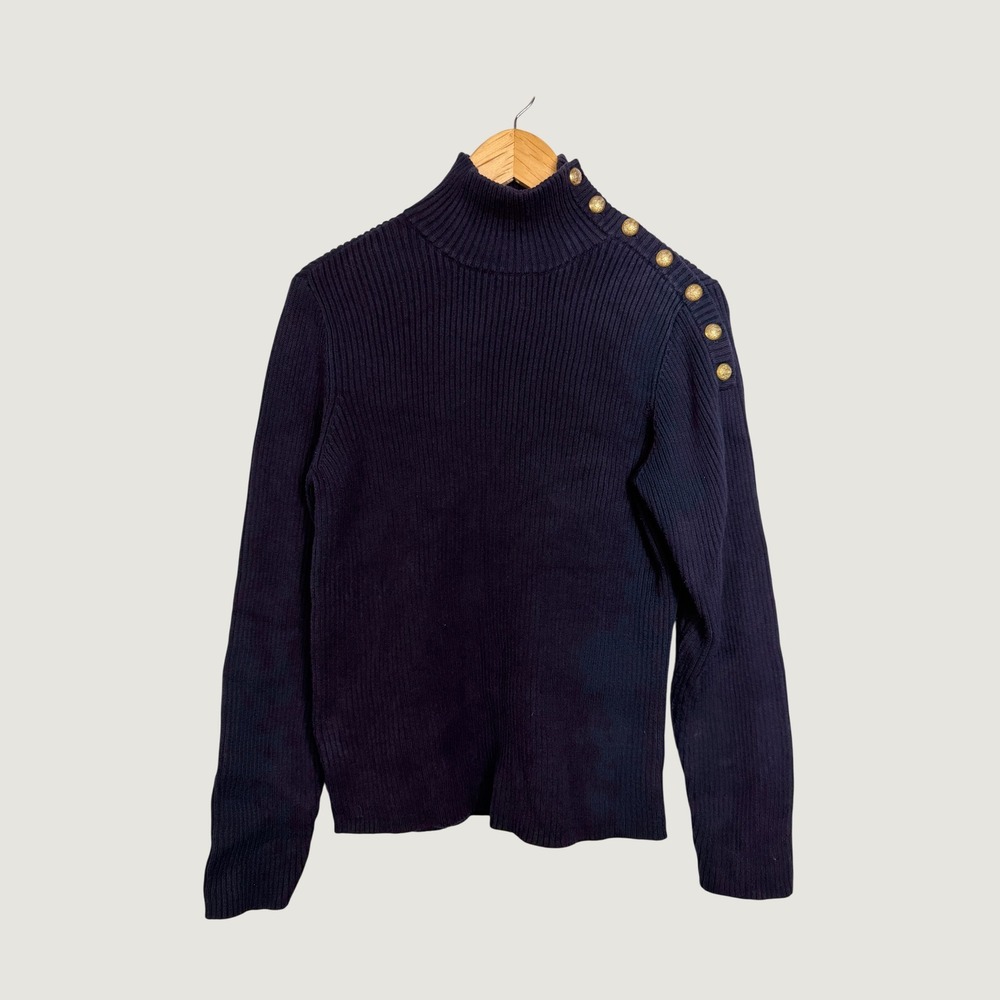 Lauren Ralph Lauren Sweater XL Navy Blue Ribbed Mock Neck Gold Crest Button Trim